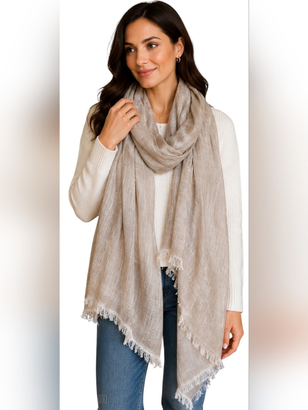 NWT Sandro Ferrone Made in Italy Linen Cotton Fringe Scarf Shawl Taupe Beige
